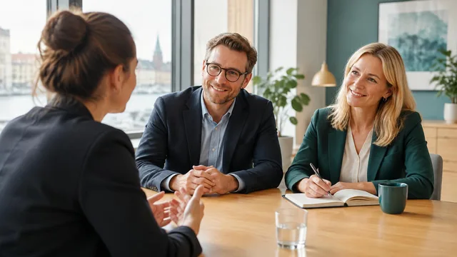 Ansøger stiller et spørgsmål til to personer på den anden side af mødebordet til en jobsamtale