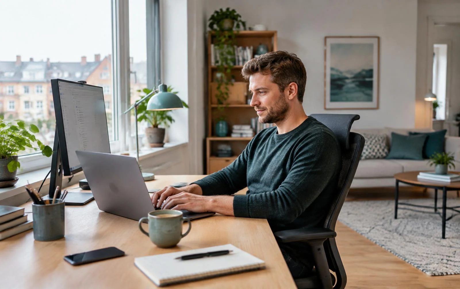 Medarbejder arbejder ved et velindrettet hjemmekontor med computer og dagslys