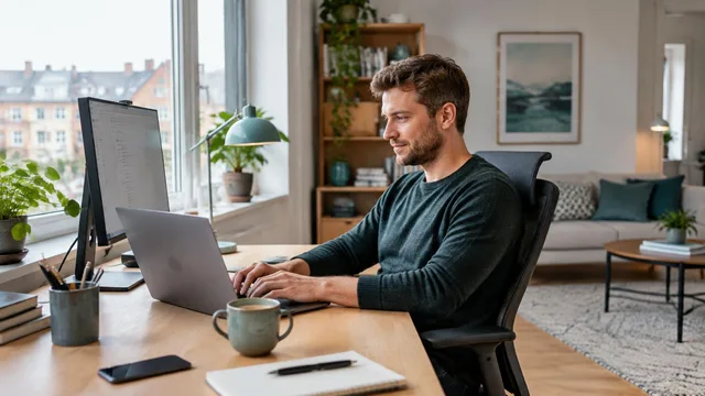Medarbejder arbejder ved et velindrettet hjemmekontor med computer og dagslys