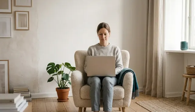 En person skriver en jobansøgning på sin laptop i en hyggelig lænestol