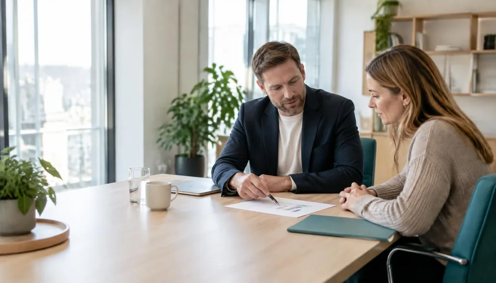 Jobsøger og arbejdsgiver gennemgår et løntilbud ved et mødebord
