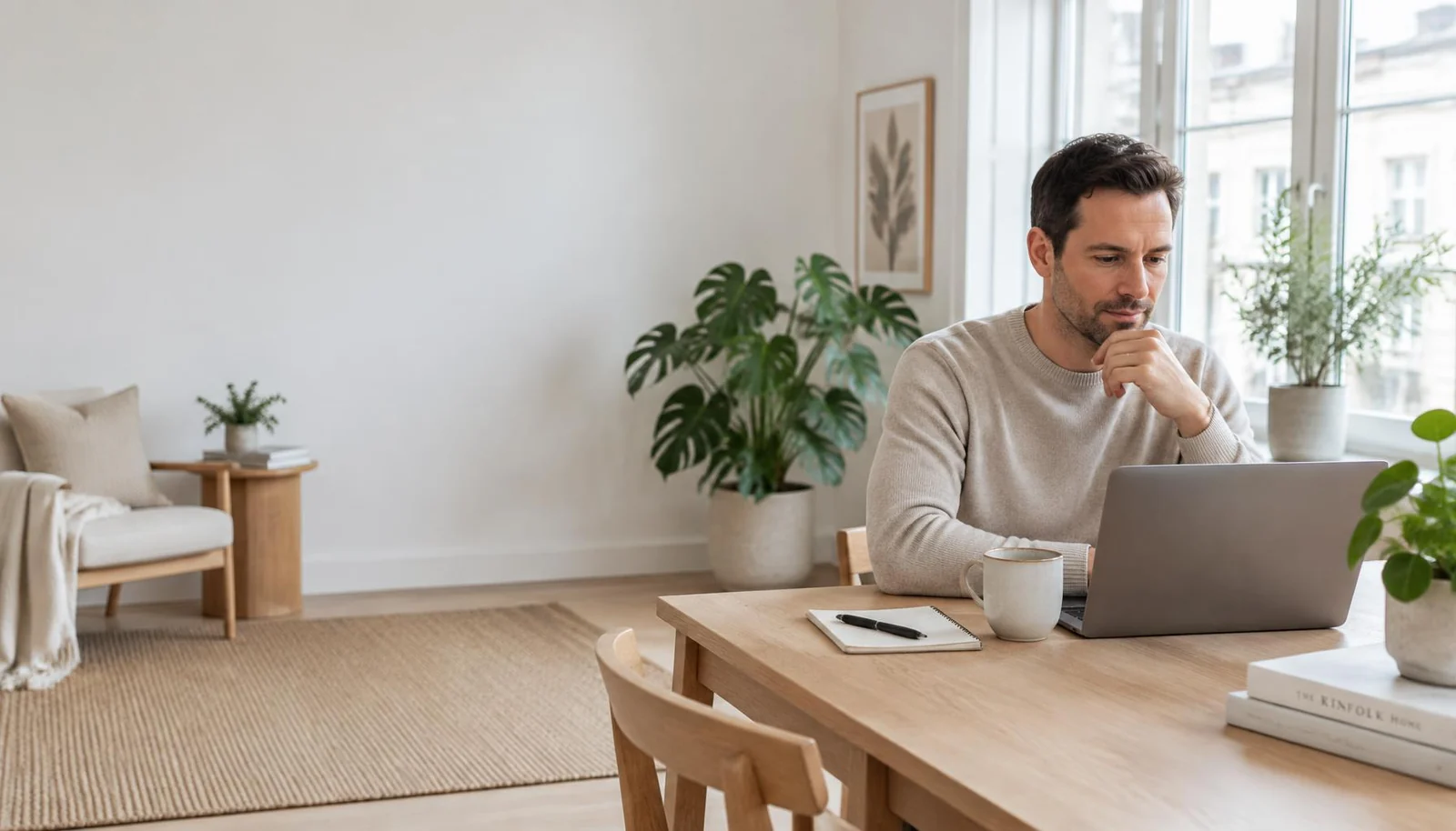 Person gennemgår sit CV på en bærbar computer ved et skrivebord med en kop kaffe