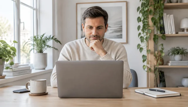 Person gennemgår sit CV på en bærbar computer ved et skrivebord med en kop kaffe