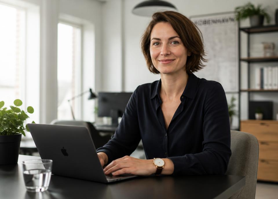Medarbejder ved skrivebord på lyst kontor