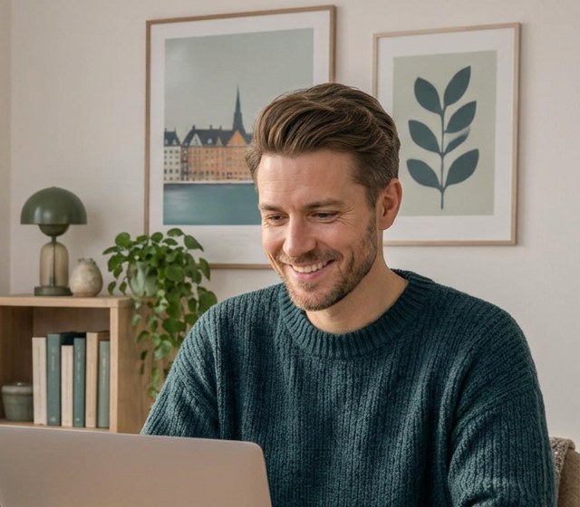 Mand læser jobmatches på sin laptop i et lyst hjemmekontor