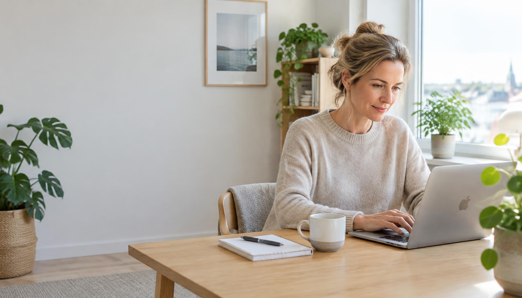 Kvinde skriver et jobopslag på sin laptop i et lyst kontor