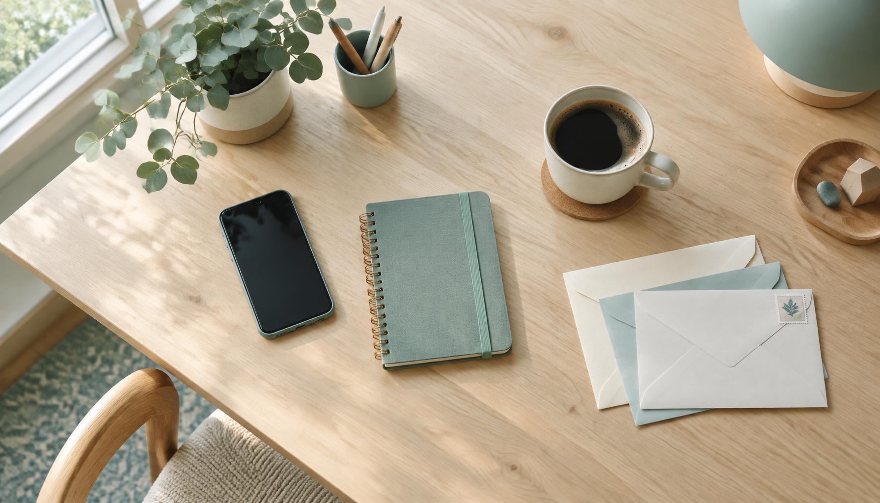 Et lyst skandinavisk skrivebord med telefon og kaffekop